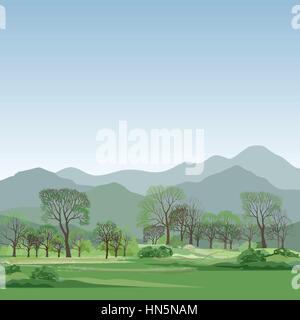 Frühling Landschaft mit Bergen, Wald und Felder. Natur Hintergrund Stock Vektor