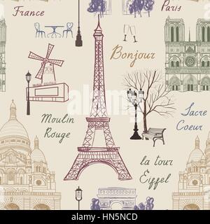 Reisen paris nahtlose Muster. Ferienhäuser in Europa Tapete. Reisen berühmte Sehenswürdigkeiten Frankreich Hintergrund zu besuchen. Wahrzeichen Fliesen- grunge Muster. Stock Vektor