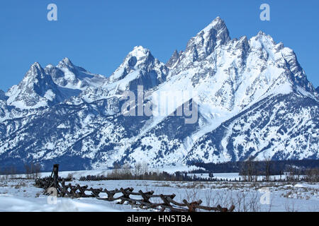 Holz-Zaun vor schneebedeckten Bergen, Grand-Teton-Nationalpark, Jackson, Wyoming, USA Stockfoto