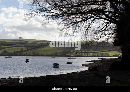 Boote an einem Bach am Fluss Dart der Devon Dorf Stoke Gabriel South Hams Devon Stockfoto