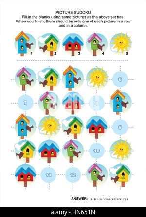 Bild-Sudoku-Rätsel mit Feder Vogelhäuschen Stock Vektor