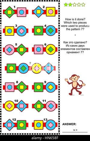 IQ Training abstrakte visuelle Rätsel: wie geht das? Welche zwei Stücke wurden verwendet, um das Muster 7 produzieren? Antwort enthalten. Stock Vektor