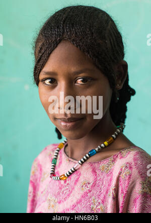 Porträt eines Afar Stammes Mädchen mit geflochtenen Haaren, Afar-Region Semera, Äthiopien Stockfoto