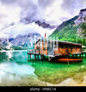 Die Werke im Stil der Aquarellmalerei. Hausboot Stockfoto