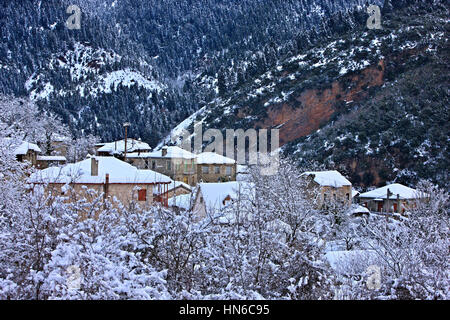 Schneebedeckte Dächer auf alten, steinernen Häusern in Palio Mikro Chorio (bedeutet "alte Dorf"), Evrytania, Zentralgriechenland. Stockfoto