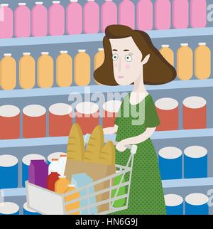 Frau Cartoon in einem Supermarkt Stock Vektor