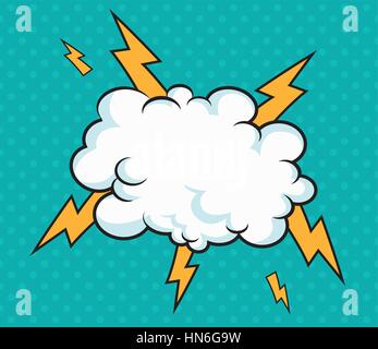 Pop-Art-Wolke mit Blitz-Design Blau-Hintergrund Stock Vektor