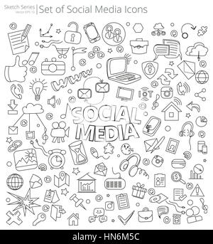 Vektor-Illustration der großen Satz von Social Media Icons und Kritzeleien. Handgezeichnete Skizze Stil. Stockfoto