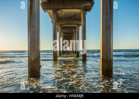 Symmetrisch unter Scripps-Pier mit Wellen während des Sonnenuntergangs in La Jolla, San Diego, Kalifornien gedreht Stockfoto