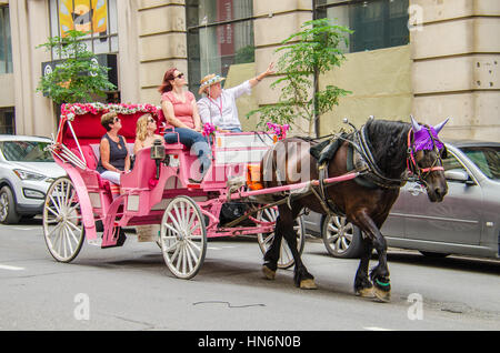 Montreal, Kanada - 26. Juli 2014: Gruppe von Personen, die Tour in rosa Pferdekutsche in Stadt Stockfoto