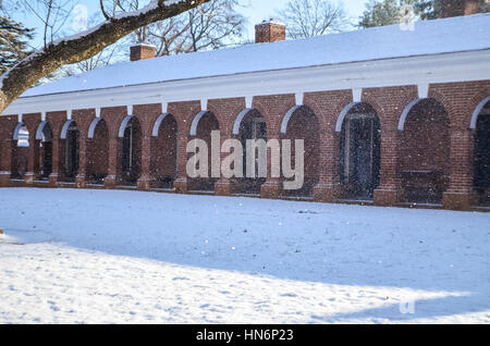 Charlottesville, USA - 24. Januar 2013: Schneefall auf Rasen der University of Virginia Schlafsäle während des Wintersturms Stockfoto