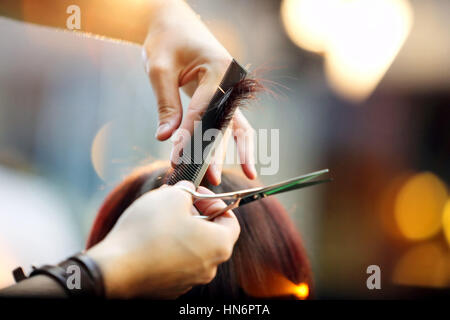 Friseur schneiden und Modellierung braune Haare mit einer Schere und Kamm mit dem leeren Raum für text Stockfoto