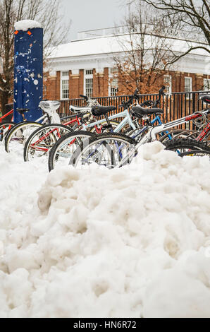 Charlottesville, USA - 6. März 2013: Fahrräder im Rack schneebedeckt auf Universität von Virginia Campus Gelände Stockfoto