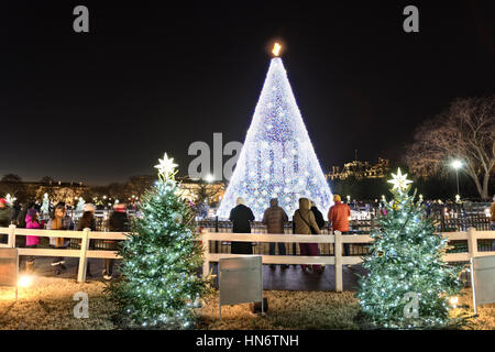 Washington DC, USA - 29. Dezember 2016: National Mall-Weihnachtsbaum mit den Besuchern während des Sonnenuntergangs beleuchtet Stockfoto