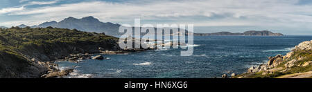 Panoramablick über Calvi Bucht in der Balagne Region Korsikas gegenüber der Zitadelle von Calvi und der Leuchtturm von Revellata mit einer felsigen Landzunge ein Stockfoto