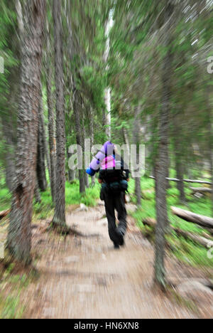 Mann mit einem Rucksack auf dem Rücken weglaufen im skandinavischen Wald Stockfoto