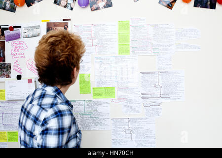 Ein Studenten-Revision-Board im Studentenwohnheim in Revision Notizen für die bevorstehenden Abschluss Prüfungen abgedeckt Stockfoto