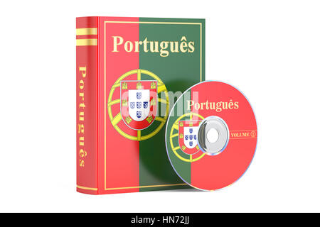 Portugiesische Buch mit Flagge von Portugal und CD Disk, 3D-Rendering isolierten auf weißen Hintergrund Stockfoto