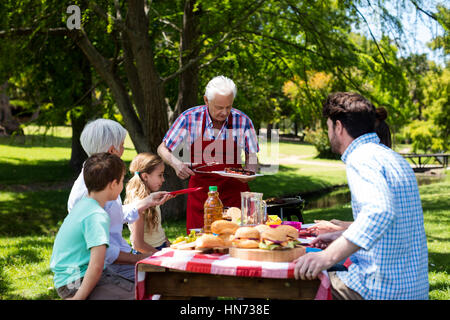 Senior woman dient Grill, Familie im Park an einem sonnigen Tag Stockfoto