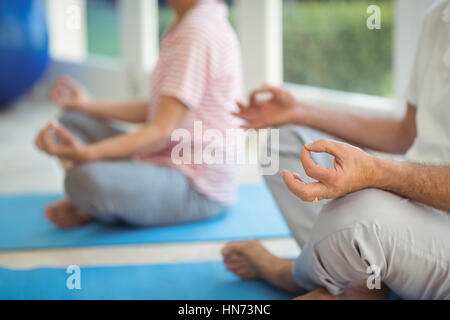 Mittleren Teil des älteres paar Yoga auf Gymnastikmatte zu Hause durchführen Stockfoto