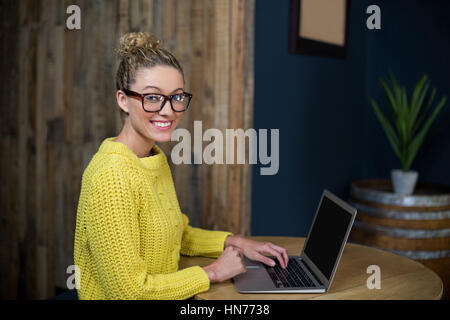 Portrait der schönen Frau mit Laptop in CafÃƒÂ © Stockfoto