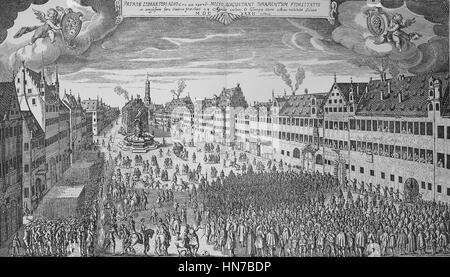 Gustav II. Adolf, Gustavus Adolphus oder Gustavus Adolphus besuchen der große bei seinem in Augsburg, Deutschland. Sterben Sie Stadt Augsburg Huldigt Gustav Adolf von Schweden, Bayern, Deutschland, Gustav II. Adolf, 1594-1632., Holzschnitt aus dem Jahr 1885, digital verbessert Stockfoto