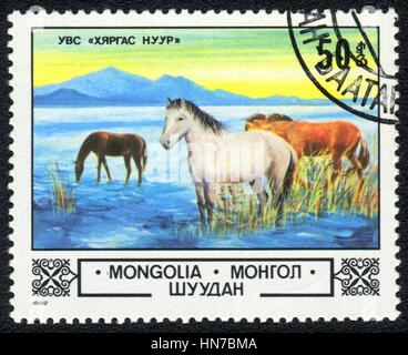 Eine Briefmarke gedruckt in Mongolei zeigt eine Tränke für Pferde, Serie, ca. 1982 Stockfoto