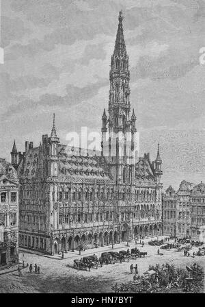 Das Rathaus von Tagesexkursion Belgien, Das Rathaus von Bruessel, Belgien, Holzschnitt aus dem Jahr 1885, Digital verbessert Stockfoto