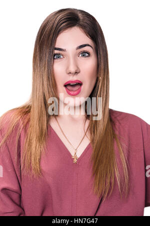 Schöne Frau mit offenen Mund überrascht. Stockfoto