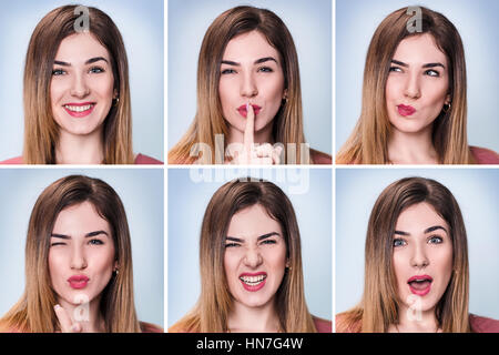 Collage von Frau mit unterschiedlichen Ausdrucksformen Stockfoto