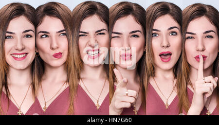 Satz von junge Frau mit unterschiedlichen Ausdrucksformen. Stockfoto