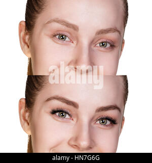 Weiblichen Augen vor und nach der Wimpernverlängerung. Stockfoto