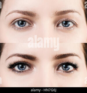 Weiblichen Augen vor und nach der Wimpernverlängerung. Stockfoto