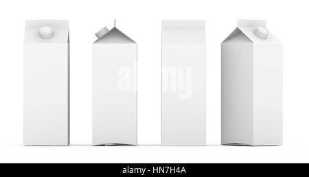 Gruppe von leere Vorlage Kisten Milch und Saft mit Deckel. Retail-Paket Mock-up Set. Isoliert auf weiss. 3D-Rendering Stockfoto