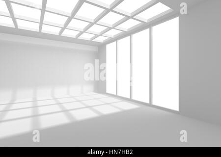 Geräumiger Innenraum mit leere Wand und Panoramafenster. Mock-up, 3D Rendering Stockfoto