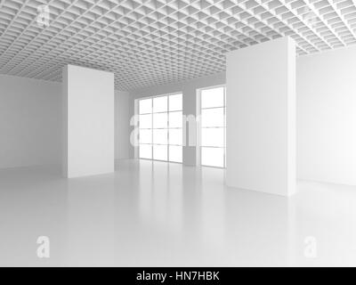 Leere weiße Plakatwand in leeren Raum mit großen Fenstern, mock-up, 3D Rendering Stockfoto