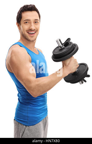 Sportlicher Kerl mit einer Hantel isoliert auf weißem Hintergrund Stockfoto