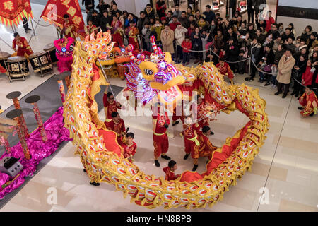 Shanghai, China. 10. Februar 2017. Die Ha Kwok Cheung Dragon Lion Dance Group aus Hong Kong führt und Löwentanz in einem Einkaufszentrum in Shanghai, 10. Februar 2017, Gruß das Laternenfest. Die Ha Kwok Cheung Dragon und Lion Dance Group wird als König der Löwentanz der Welt für großartigen Leistung bezeichnet. Bildnachweis: SIPA Asien/ZUMA Draht/Alamy Live-Nachrichten Stockfoto