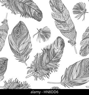 Feder nahtlose Muster. Vektor Federn auf weißem Hintergrund. Vintage Tribal feather Sammlung. Serie von Doodle Feder. Stock Vektor