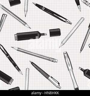 Pen Seamless Pattern. Hand gezeichnet Vektor. Bleistifte, Stifte und Marker Sammlung über Papier Fliesen- Hintergrund isoliert. Stock Vektor