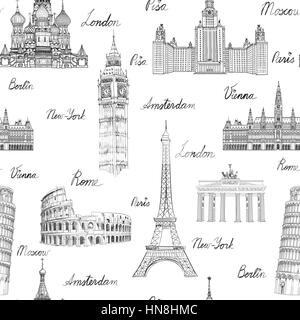 Reisen nahtlose Muster. Ferienhäuser in Europa Tapete. Reisen berühmten Orte Europas Hintergrund zu besuchen. Wahrzeichen Fliesen- grunge Muster. Stock Vektor