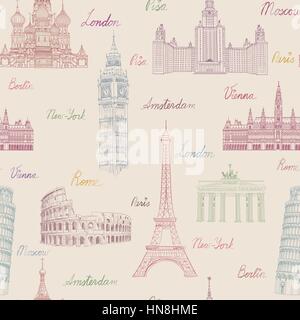 Reisen nahtlose Muster. Ferienhäuser in Europa Tapete. Reisen berühmten Orte Europas Hintergrund zu besuchen. Wahrzeichen Fliesen- grunge Muster. Stock Vektor