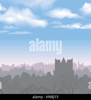 Die Skyline der Stadt. Gebäude Stadtbild Silhouette. Altstadt Straße in Arly morgen. europäischen Innenstadt. städtische Landschaft mit Bäumen. Stock Vektor