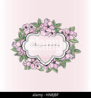 Sanfte Feder apple tree blühenden Blumen Grußkarte. floral background mit Platz für Text. Blume Rahmen. vintage Florale. Alte Karte. Stock Vektor