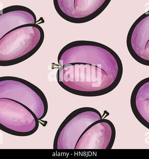 Pflaume Aquarell nahtlose Muster. saftige Früchte Fliesen- Hintergrund Stock Vektor