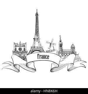 Frankreich label. berühmte französische architektonischen Wahrzeichen. Besuchen Sie Frankreich Banner. Stock Vektor