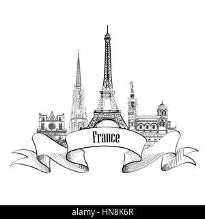 Frankreich label. berühmte französische architektonischen Wahrzeichen. Besuchen Sie Frankreich Banner. Stock Vektor