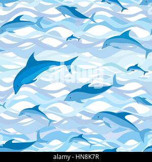 Dolphin nahtlose Muster. Wellen im Meer und Fisch Hintergrund. Stock Vektor