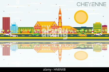 Cheyenne Skyline mit Farbe Gebäude, blauer Himmel und Reflexionen. Vector Illustration. Business Travel und Tourismus Konzept. Stock Vektor