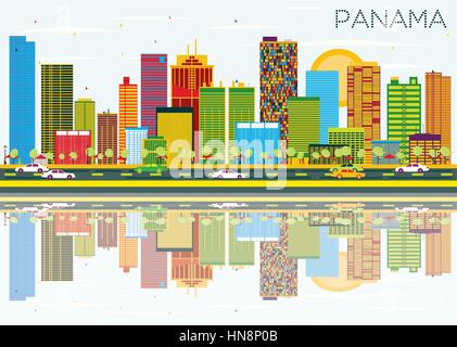 Panama Skyline mit Farbe Gebäude, blauer Himmel und Reflexionen. Vector Illustration. Business Travel und Tourismus Konzept. Stock Vektor